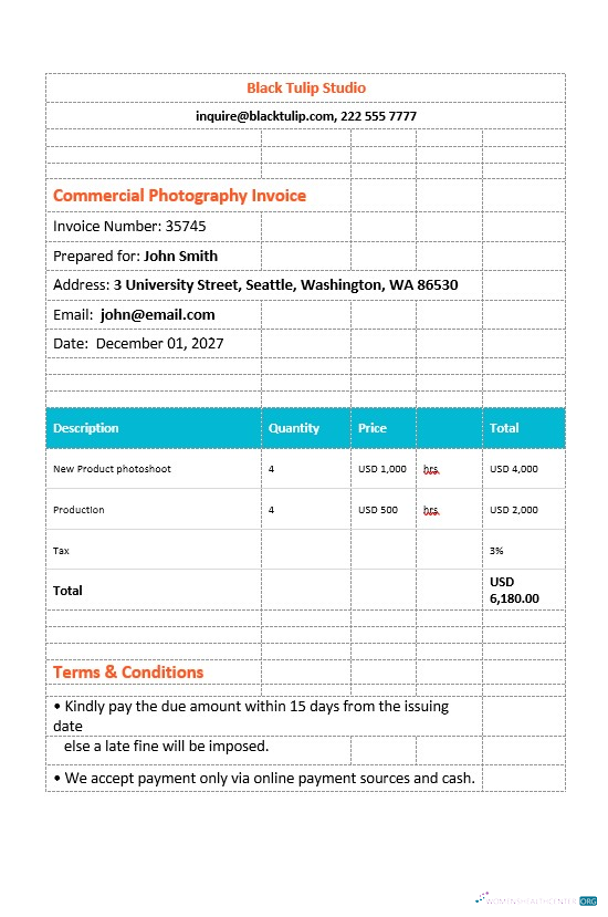 Download Commercial Photography Invoice Template Photoshop template